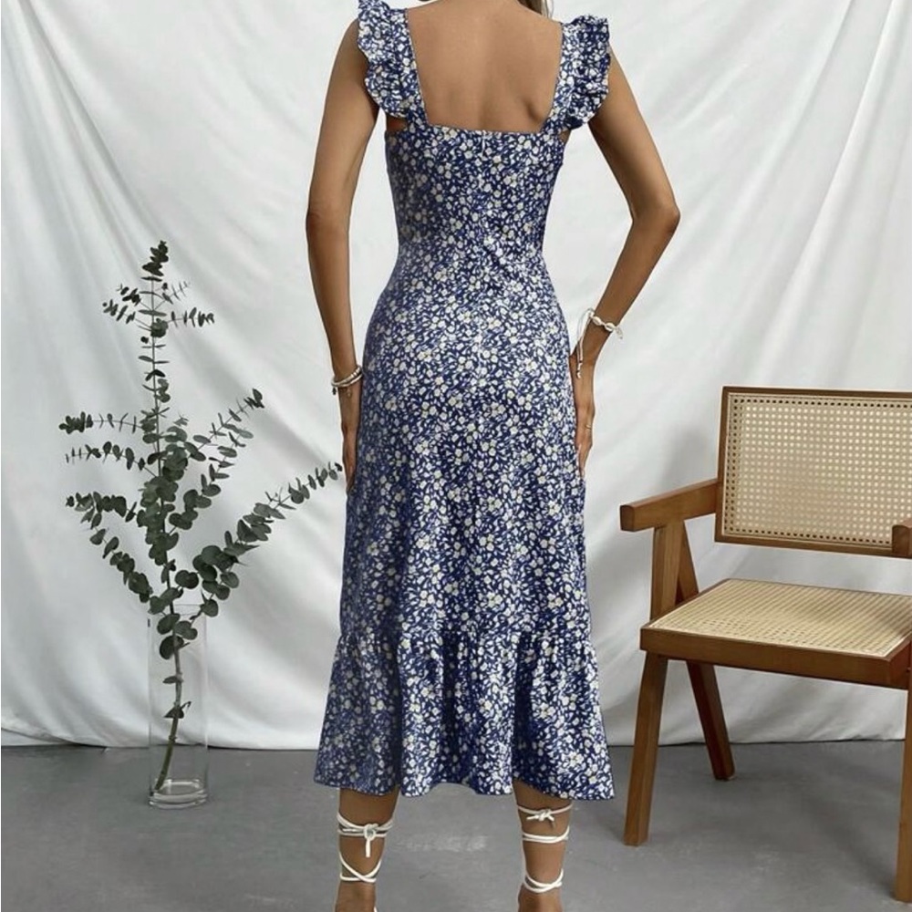 SHEIN Navy Floral Ruffled Midi Dress with Side Slit - Picture 2 of 3